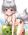  1girl animal_ears ball bangs bare_arms beachball bikini blush breasts cleavage collarbone halter_top halterneck inubashiri_momiji kei_kei kneeling looking_at_viewer medium_breasts navel red_eyes sandals side-tie_bikini silver_hair solo swimsuit tail tareme touhou twitter_username white_background white_bikini wolf_ears wolf_tail 