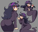  1girl :d :o @_@ absurdres ass back dress drooling from_behind grey_background gro-ggy hairband half-closed_eyes hex_maniac_(pokemon) highres long_sleeves looking_at_viewer looking_back npc_trainer open_mouth poke_ball pokemon pokemon_(game) pokemon_xy pout purple_hair simple_background sitting smile solo_focus turtleneck_dress violet_eyes 