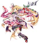  1girl blonde_hair detached_sleeves flower full_body green_eyes hair_flower hair_ornament holding holding_spear holding_weapon kamei_(oshiro_project) matoki_misa official_art one_eye_closed open_mouth oshiro_project oshiro_project_re polearm spear transparent_background weapon 