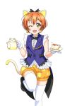  1girl :3 animal_ears artist_request bangs bare_shoulders blush bow bowtie cat_ears cat_tail cup earrings frills gloves hair_bow hoshizora_rin jewelry korekara_no_someday looking_at_viewer love_live! love_live!_school_idol_festival love_live!_school_idol_festival_after_school_activity love_live!_school_idol_project official_art one_eye_closed open_mouth orange_hair puffy_shorts short_hair shorts smile solo tail teacup teapot thigh-highs vest yellow_eyes 