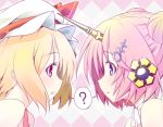  2girls ? argyle argyle_background blonde_hair blue_eyes bow character_request commentary_request copyright_request double_bun eye_contact fang flandre_scarlet from_side hair_ornament hat hat_bow looking_at_another mob_cap multiple_girls namesake nirap open_mouth pink_eyes pink_hair portrait profile red_bow short_hair spoken_question_mark touhou white_hat 