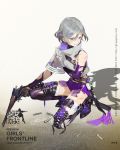  1girl artist_request bangs black_boots black_gloves boots character_name clenched_teeth copyright_name cross-laced_footwear elbow_gloves full_body girls_frontline gloves grey_hair gun hair_between_eyes handgun highres holding holding_gun holding_weapon looking_to_the_side multicolored_hair official_art parted_lips pistol purple_gloves purple_hair purple_shorts shell_casing short_hair short_shorts shorts sidelocks smoke solo squatting streaked_hair teeth thigh-highs thigh_boots thompson_contender thompson_contender_(girls_frontline) torn_boots torn_clothes torn_gloves trigger_discipline tsurime watermark weapon web_address white_legwear 