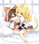  1girl animal_ears ascot barefoot blonde_hair bow brown_hair cat_ears cat_tail character_doll commentary_request detached_sleeves hair_bow hair_tubes hakurei_reimu kemonomimi_mode kirisame_marisa leg_garter long_hair looking_at_viewer object_hug pillow piyokichi puffy_sleeves red_bow red_eyes red_skirt red_string skirt skirt_set solo string tail touhou vest wavy_hair yellow_eyes 