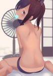  10s 1girl barefoot brown_eyes brown_hair electric_fan food food_in_mouth highres i-401_(kantai_collection) kantai_collection masukuza_j mouth_hold ponytail popsicle short_hair solo tan tanline tatami 