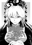  1girl absurdres chinese_clothes crescent greyscale hair_between_eyes hat highres junko_(touhou) kikoka_(mizuumi) lips long_hair monochrome smile solo tabard tassel touhou upper_body 