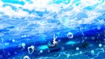  1girl bangs bare_legs barefoot blue_hair blue_sky bubble closed_eyes clouds cloudy_sky dress fish floating highres long_hair ocean open_mouth original reflection scenery sky underwater water white_dress y_y_(ysk_ygc) 