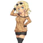 1girl amelie_mcgregor animal_print bangs bare_shoulders black_boots black_skirt blonde_hair blue_eyes blush boots breasts closed_mouth cowboy_shot crown cuffs drill_hair earrings eyebrows_visible_through_hair gyaru hand_on_hip jewelry kogal leopard_print long_hair looking_at_viewer medium_breasts miniskirt mmu necklace official_art pearl_necklace skirt sleeves_past_wrists smile solo sunglasses sunglasses_on_head thigh-highs thigh_boots transparent_background uchi_no_hime-sama_ga_ichiban_kawaii zettai_ryouiki 