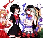  4girls absurdres ascot asymmetrical_wings black_dress black_hair black_legwear blonde_hair bow closed_eyes directional_arrow dress flandre_scarlet food frilled_shirt_collar frills green_eyes green_hair hat highres horns houjuu_nue kijin_seija komeiji_koishi mob_cap multicolored_hair multiple_girls one_eye_closed popsicle red_eyes redhead sash sheya streaked_hair thigh-highs third_eye touhou watermelon_bar wide_sleeves wings wristband zettai_ryouiki 