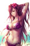  1girl adjusting_hair breasts brown_hair cleavage collarbone fate_(series) flower hair_flower hair_ornament large_breasts long_hair looking_at_viewer metto navel parted_lips red_eyes scathach_(fate/grand_order) scathach_(swimsuit_assassin)_(fate) solo under_boob water_drop 