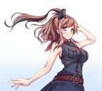  10s 1girl anchor black_dress blue_eyes breast_pocket breasts brown_hair dress highres kantai_collection large_breasts long_hair looking_at_viewer neckerchief parted_lips pocket ponytail red_belt red_neckerchief remodel_(kantai_collection) saratoga_(kantai_collection) shokuane side_ponytail sidelocks simple_background smile solo upper_body white_background 