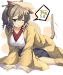  !? 10s 1girl 3; absurdres all_fours animal_ears blue_eyes blush bow breasts brown_hair cat_ears cat_tail drill_hair full_body hair_between_eyes hair_bow hatakaze_(kantai_collection) high_ponytail highres japanese_clothes kantai_collection kemonomimi_mode kimono large_breasts motion_lines one_eye_closed petting red_bow sheita short_ponytail solo_focus spoken_interrobang tail 