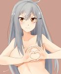  10s 1girl blush breasts closed_mouth cyka gangut_(kantai_collection) grey_hair heart heart_hands kantai_collection large_breasts long_hair looking_at_viewer orange_hair remodel_(kantai_collection) scar scar_on_cheek simple_background solo underwear 