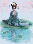  1girl artist_name black_hair breasts chang&#039;e_(smite) chinese_clothes cleavage comb crown dated earrings flower grass green_eyes hair_bun highres jewelry lily_pad mirco_cabbia petals sitting smite solo water watermark web_address 