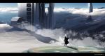  1girl artist_name asuteroid black_dress blue_sky building clouds dress fog from_behind highres letterboxed long_hair original scenery sky snow solo standing tower 