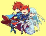  1girl 2boys armor bare_shoulders blue_eyes blue_hair cape chibi closed_eyes dress eliwood_(fire_emblem) father_and_son fire_emblem fire_emblem:_fuuin_no_tsurugi fire_emblem:_rekka_no_ken fire_emblem_heroes hair_ornament long_hair looking_at_viewer mother_and_son multiple_boys ninian open_mouth red_eyes redhead roirence roy_(fire_emblem) short_hair silver_hair smile 