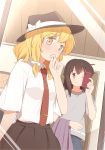  2girls ;) bangs black_hat blonde_hair blush bow brown_eyes brown_hair brown_skirt cellphone closed_mouth collared_shirt commentary_request cosplay eyebrows_visible_through_hair finger_to_mouth grey_shirt hair_bow hand_up hat hat_bow highres holding holding_phone indoors looking_at_viewer maribel_hearn mirror multiple_girls necktie one_eye_closed phone red_necktie reflection shirt short_hair short_sleeves sidelocks skirt smartphone smile sweat touhou unagi_sango usami_renko usami_renko_(cosplay) white_bow white_shirt yellow_eyes 