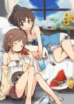  2girls :d ^_^ animal animal_hug bedside blue_scrunchie breasts brown_hair camisole cat cat_on_lap cleavage closed_eyes cup drinking_glass flower food fruit hair_flower hair_ornament hair_scrunchie highres kyuri lying multiple_girls navel on_bed on_side open_mouth original plate ponytail popsicle ribbon-trimmed_shorts ribbon_trim scrunchie shorts sketch small_breasts smile watermelon window 