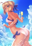  1girl ahoge artoria_pendragon_(all) artoria_pendragon_(swimsuit_archer) ass bangs bare_arms bare_shoulders barefoot bikini blonde_hair blue_ribbon blue_sky braid breasts closed_mouth clouds cloudy_sky day eyebrows_visible_through_hair eyelashes fate/grand_order fate/stay_night fate_(series) fingernails french_braid from_side green_eyes hair_between_eyes hair_bun hair_ribbon long_fingernails looking_at_viewer looking_to_the_side ocean one_leg_raised outdoors ribbon ryuinu saber short_hair shoulder_blades side-tie_bikini sidelocks sky small_breasts smile solo sparkle splashing standing standing_on_one_leg standing_split swimsuit trigger_discipline water water_drop water_gun white_bikini 