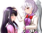  2girls angel_wings black_hair blush bow bowtie breasts closed_mouth dress feathered_wings from_side grey_wings houraisan_kaguya jacket kishin_sagume long_hair long_sleeves medium_breasts multiple_girls open_clothes open_jacket oshiaki parted_lips petting profile purple_dress red_bow red_bowtie red_eyes short_hair silver_hair single_wing smile touhou white_jacket wings 