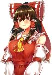  1girl blush bow breasts brown_eyes brown_hair closed_mouth collarbone cookie_(touhou) doi eyebrows_visible_through_hair hair_bow hair_tubes hakurei_reimu highres large_breasts looking_at_viewer red_bow rurima_(cookie) short_hair smile solo touhou upper_body 