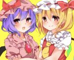  2girls ascot bangs black_wings blonde_hair blush bow brooch closed_mouth commentary_request eyebrows_visible_through_hair fang flandre_scarlet hair_between_eyes hat hat_bow jewelry karasusou_nano looking_at_viewer mob_cap multiple_girls open_mouth pink_eyes pink_hat purple_hair red_bow remilia_scarlet short_hair short_sleeves side_ponytail simple_background smile sparkling_eyes touhou upper_body white_hat wings yellow_background 