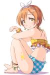  1girl anklet asymmetrical_bikini bare_legs bare_shoulders barefoot bow bracelet hair_bow hairband heart highres hoshizora_rin jewelry looking_at_viewer love_live! love_live!_school_idol_project orange_hair paw_pose sen_(sen0910) short_hair simple_background sitting smile solo star white_background yellow_eyes 