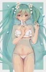  1girl bikini flower food green_eyes green_hair hair_flower hair_ornament hatsune_miku long_hair lying navel on_back partially_submerged pinky_out popsicle solo swimsuit thigh_gap twintails very_long_hair vocaloid water white_bikini yoiyoi_(yoiyoi-chan) 