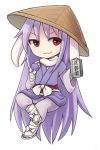  1girl :3 ajirogasa animal_ears bandage bandaged_arm bandaged_leg bow chibi hat holding japanese_clothes long_hair looking_at_viewer no_nose purple_hair rabbit_ears red_eyes reisen_udongein_inaba sandals solo touhou very_long_hair white_background white_bow wide_sleeves ys_(fall) 