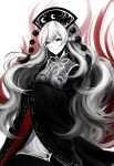  1girl absurdres braid chinese_clothes french_braid headdress highres junko_(touhou) limited_palette long_hair long_sleeves monochrome parted_lips pom_pom_(clothes) red_eyes sheya tabard touhou very_long_hair wide_sleeves 