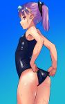  absurdres adjusting_clothes adjusting_swimsuit aoreyo ass fate/grand_order fate_(series) goggles goggles_on_head helena_blavatsky_(fate/grand_order) highres purple_hair school_swimsuit short_hair swimsuit twintails violet_eyes 