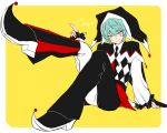  1boy :&gt; argyle arm_support black_necktie blue_hair eyebrows_visible_through_hair full_body harlequin hat heart heart_tattoo index_finger_raised jester jester_cap king_of_prism_by_prettyrhythm leg_up legs_crossed looking_at_viewer male_focus necktie okachimachi_tsurugi pom_pom_(clothes) pretty_rhythm ruffled_sleeves simple_background solo take_no_ko tattoo yellow_background yellow_eyes 