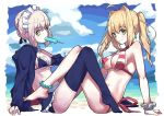  2girls ahoge apron artoria_pendragon_(all) artoria_pendragon_(swimsuit_rider_alter)_(fate) barefoot bikini black_bikini black_jacket black_legwear blonde_hair braid breasts cleavage day fate/grand_order fate_(series) food frilled_bikini frills from_side full_body green_eyes hair_bun hair_intakes halterneck highres hood hooded_jacket jacket legs_crossed long_hair looking_at_viewer maid_bikini maid_headdress medium_breasts mouth_hold multiple_girls nero_claudius_(swimsuit_caster)_(fate) open_clothes open_jacket outdoors pantie_painting platinum_blonde popsicle saber_alter saber_extra side-tie_bikini sitting sky smile striped striped_bikini swimsuit tagme thigh-highs twintails waist_apron yellow_eyes 