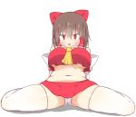  1girl akabeco bow breasts brown_hair cookie_(touhou) eyebrows_visible_through_hair full_body hair_bow hair_ribbon hakurei_reimu highres large_breasts looking_at_viewer navel no_bra open_mouth panties parted_lips plump red_bow red_eyes red_skirt reu short_hair sitting skirt solo spread_legs thick_thighs thigh-highs thighs touhou under_boob underwear wariza white_legwear white_panties 