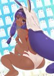  1girl :t animal_ears ass bangs bare_arms bare_shoulders barefoot bed_sheet blunt_bangs blush breasts closed_mouth dark_skin earrings eyebrows_visible_through_hair facepaint facial_mark fate/grand_order fate_(series) from_behind glint hair_ornament hair_rings hair_tie hair_tubes hairband hands_up hoop_earrings jackal_ears jewelry koba legs_apart long_hair looking_at_viewer looking_back low-tied_long_hair medjed nitocris_(fate/grand_order) nitocris_(swimsuit_assassin)_(fate) one-piece_swimsuit pout pouty_lips purple_hair sidelocks sitting solo sweatdrop swimsuit tree twisted_neck twisted_torso veil very_dark_skin very_long_hair violet_eyes wariza white_swimsuit 