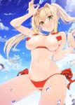  1girl :d ahoge arm_up bangs bare_arms bare_legs bare_shoulders bikini blonde_hair blue_sky blurry blush breasts breasts_apart clouds cloudy_sky collarbone cowboy_shot criss-cross_halter day depth_of_field dutch_angle earrings eyebrows_visible_through_hair eyelashes fang fate/extra fate/grand_order fate_(series) from_below gluteal_fold green_eyes groin hair_between_eyes hair_intakes halter_top halterneck hands_up jewelry koba large_breasts legs_apart long_hair looking_at_viewer midriff navel nero_claudius_(swimsuit_caster)_(fate) open_mouth outdoors saber_extra side-tie_bikini sidelocks sky smile solo standing stomach striped striped_bikini swimsuit twintails under_boob water water_drop 