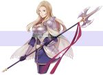  1girl armor blonde_hair breastplate cape fire_emblem fire_emblem_echoes:_mou_hitori_no_eiyuuou fire_emblem_gaiden holding holding_weapon looking_at_viewer matilda_(fire_emblem) pauldrons polearm simple_background thigh-highs weapon 