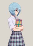  1girl ayanami_rei blue_hair book closed_mouth collared_shirt eyebrows_visible_through_hair highres holding holding_book looking_away neon_genesis_evangelion plaid plaid_skirt red_eyes shirt short_hair skirt solo yahiro_(epicopeiidae) 