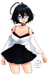  1girl antenna_hair artist_name bare_shoulders black_dress black_hair blue_eyes breasts cleavage contrapposto dated dress hair_between_eyes hodan_(cyzhfl) jacket large_breasts original parted_lips short_dress short_hair smile solo white_background white_jacket 