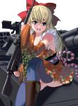  1girl blonde_hair blue_eyes detached_sleeves frills gun highres japanese_clothes kimono long_hair looking_at_viewer masao original simple_background sitting solo thigh-highs weapon 