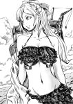  10s 1girl bikini bow crane dutch_angle frilled_bikini frills graphite_(medium) greyscale hair_bow jitsu_shizu kantai_collection long_hair mamiya_(kantai_collection) monochrome navel ocean smile solo swimsuit traditional_media 