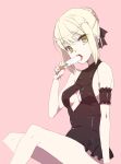  1girl artoria_pendragon_(all) ass bare_shoulders blonde_hair breasts cleavage fate/stay_night fate_(series) food highres kurokuro licking looking_at_viewer one-piece_swimsuit open_mouth pale_skin pink_background popsicle saber_alter simple_background solo swimsuit teeth tongue tongue_out yellow_eyes 