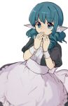  1girl alternate_costume apron bangs blue_eyes blue_hair drill_hair enmaided head_fins looking_at_viewer maid puffy_short_sleeves puffy_sleeves short_sleeves shukinuko simple_background solo touhou wakasagihime white_background wrist_cuffs 