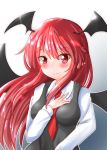 1girl bangs bat_wings black_dress blush breasts closed_mouth collared_shirt dress head_wings highres koakuma long_hair long_sleeves looking_at_viewer medium_breasts necktie oshiaki pointy_ears red_eyes red_necktie redhead shirt smile solo touhou upper_body white_shirt wings 