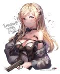  1girl artist_name bad_proportions bangs blush braid breasts cleavage closed_mouth coat collarbone cropped_torso error floral_print girls_frontline grey_eyes gun hair_ornament hand_on_hip handgun heart highres holding holding_gun holding_weapon k5_(girls_frontline) korean kyjsogom large_breasts long_hair looking_at_viewer open_clothes open_coat pistol signature smile solo swept_bangs trigger_discipline upper_body watermark weapon web_address 