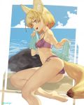  10s 1girl :d animal_ears artist_name ass bare_shoulders barefoot beach bikini blonde_hair blue_sky breasts brown_eyes clouds commentary_request fennec_(kemono_friends) fox_ears fox_tail highres kemono_friends looking_at_viewer medium_breasts open_mouth ponderogen purple_bikini rock short_hair sky smile solo swimsuit tail twitter_username water 