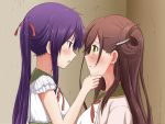  2girls blush brown_hair ebisuzawa_kurumi eye_contact gakkou_gurashi! green_eyes hair_between_eyes hair_ornament hair_ribbon indoors long_hair looking_at_another mole mole_under_eye multiple_girls neck_ribbon open_mouth purple_hair red_eyes red_ribbon ribbon shirt sleeveless sleeveless_shirt twintails upper_body wakasa_yuuri white_shirt 