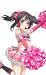  1girl arm_up artist_request bangs bare_shoulders black_hair blush bow character_name cheerleader clothes_writing collarbone copyright_name elbow_gloves flat_chest frills gloves headset jumping kneehighs long_hair looking_at_viewer love_live! love_live!_school_idol_festival love_live!_school_idol_festival_after_school_activity love_live!_school_idol_project midriff official_art pom_poms red_eyes skirt smile solo twintails yazawa_nico 