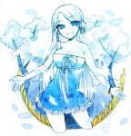  1girl bare_shoulders blue bracelet breasts cleavage contrapposto cowboy_shot dress feathers forest hair_tubes highres hodan_(cyzhfl) jewelry large_breasts long_hair looking_at_viewer mabinogi mechanical_pencil nature open_mouth outstretched_arms pencil pointy_ears short_dress smile solo strapless strapless_dress tree tube_dress very_long_hair 