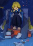  1girl alternate_costume barefoot blanket blonde_hair book curtains drinking henpei_saboten highres kirisame_marisa long_hair looking_at_viewer pillow scarf sitting solo touhou yellow_eyes 