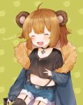  1girl animal_ears bear_ears black_legwear blush brown_hair character_name choker closed_eyes collarbone eyebrows_visible_through_hair facing_away fang garter_straps girls_frontline grizzly_mkv_(girls_frontline) gun highres holding holding_gun holding_weapon navel open_mouth smile solo thigh-highs useq1067 weapon 